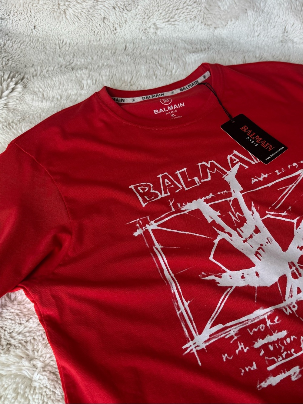 Balmain Red Graphic Print Short Sleeve Crewneck Tee